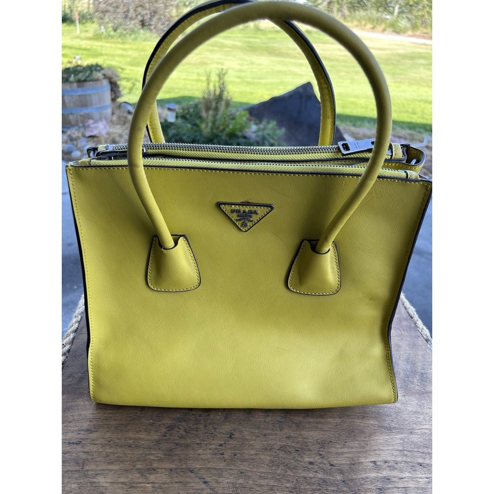Prada Vitello Daino Yellow Leather Double Zip Tote Satchel Handbag